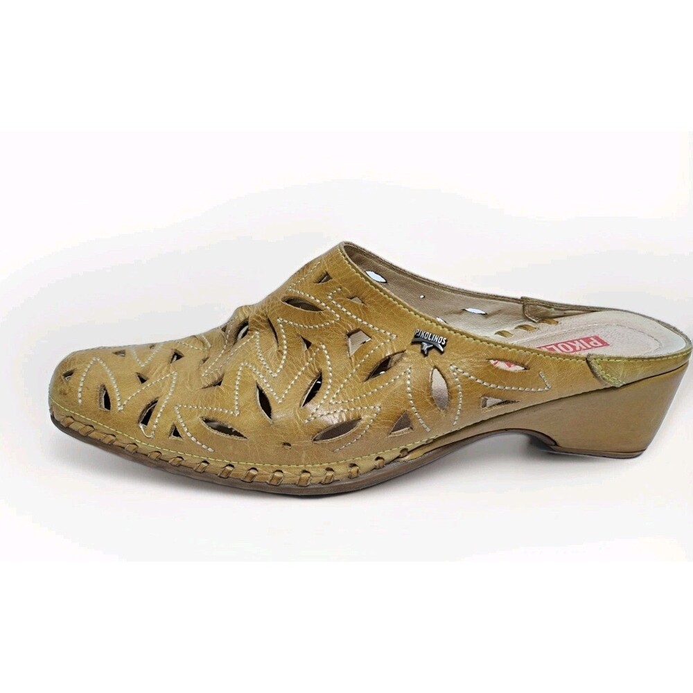 Pikolinos Women's 10.5-11 Slip On Mule Clog Laser Cut Floral Pattern Leather - Picture 3 of 12